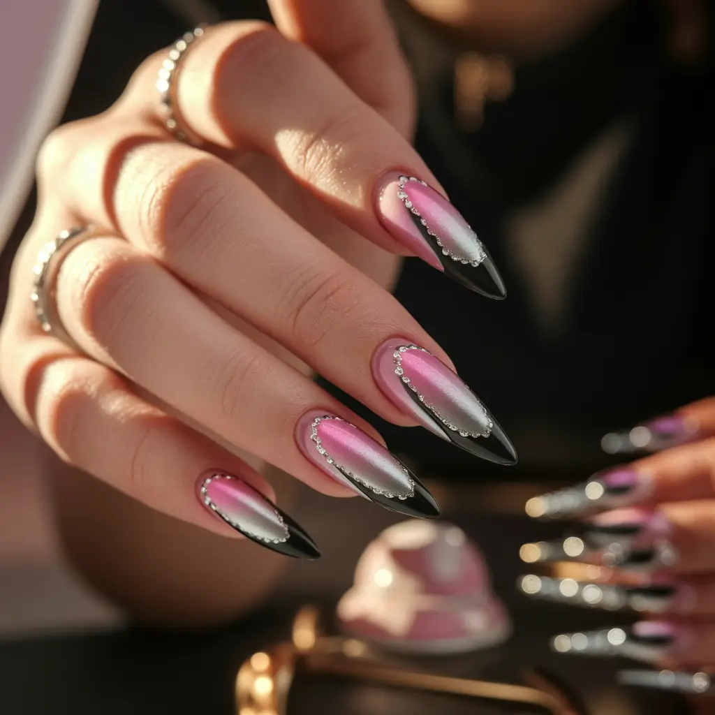 summer round nails french Black-Pink Drama with Rhinestone Borders