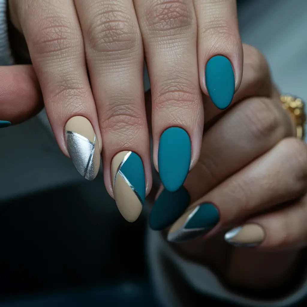summer round nails designs Teal Geometry with a Hint of Chrome