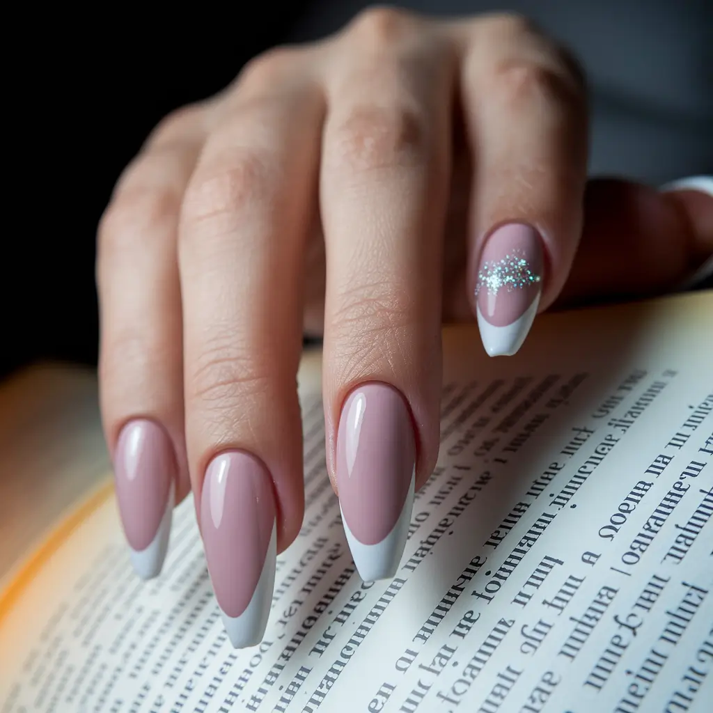 summer round nails french Elegant French Almond with Glitter Accent
