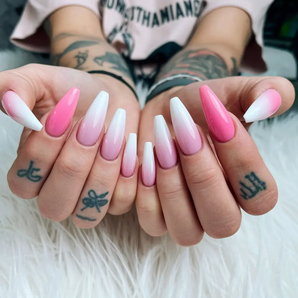 summer ombre nails ideas 2025 Glossy Pink-to-White Perfection with a Pop