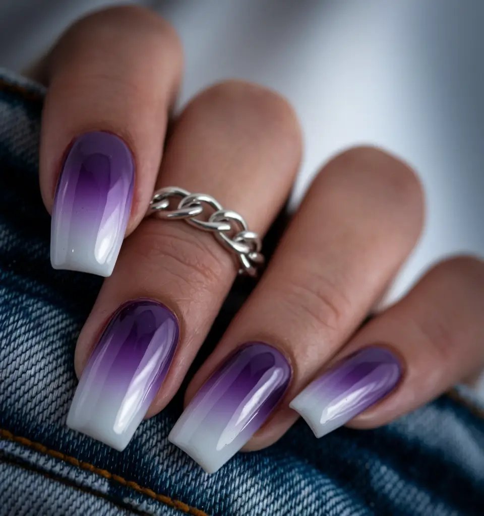 summer ombre nails ideas 2025+Ultra-Violet Ombre Fade with Cool White Tips