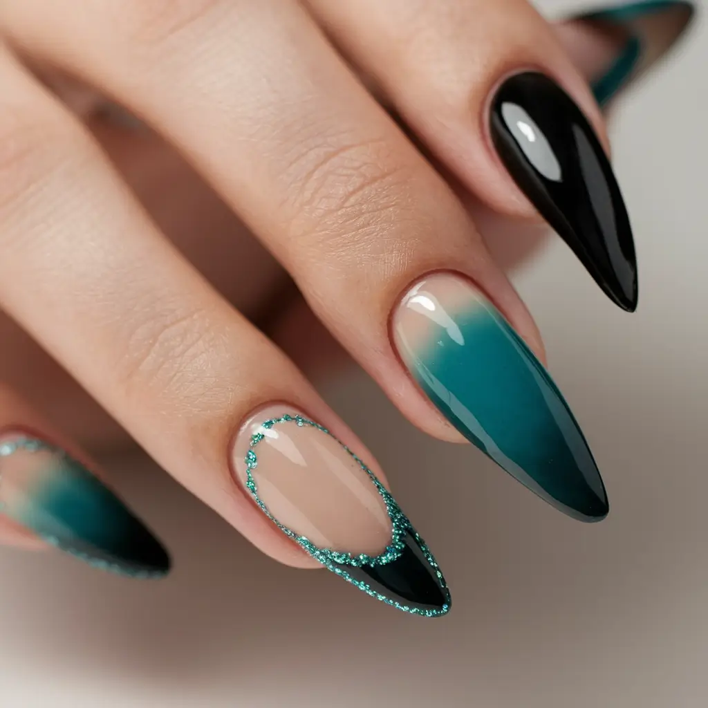 summer ombre nails ideas 2025+Deep Teal Ombre with Black Gloss Accents