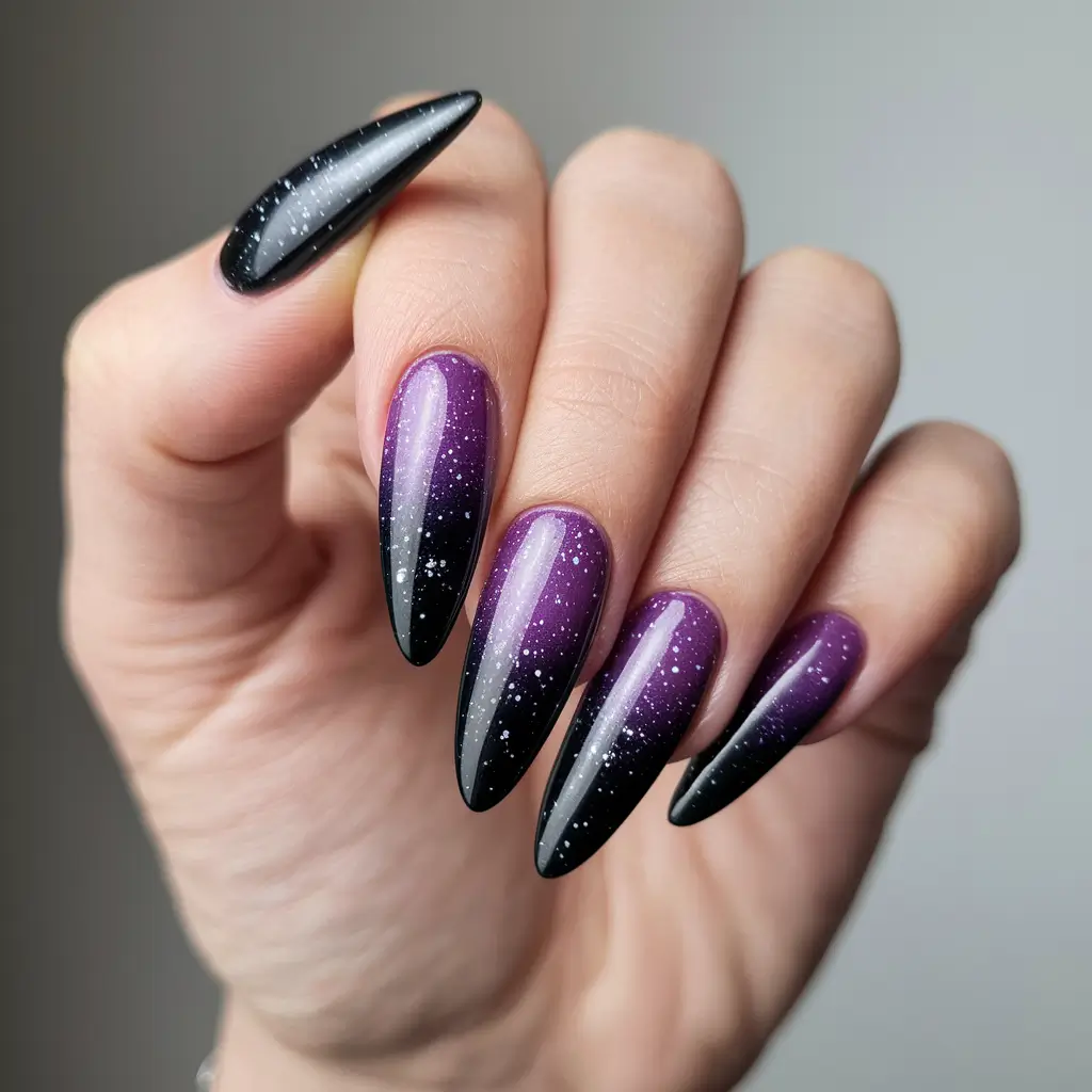 summer ombre nails ideas 2025+Galaxy-Inspired Purple to Black Fade with Stardust