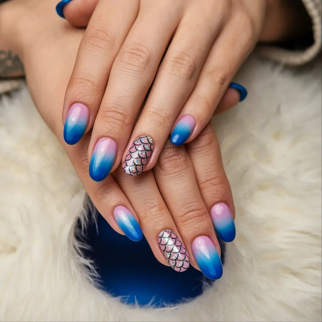 summer ombre nails ideas 2025 Blue Ocean Fade with Mermaid Scale Accents