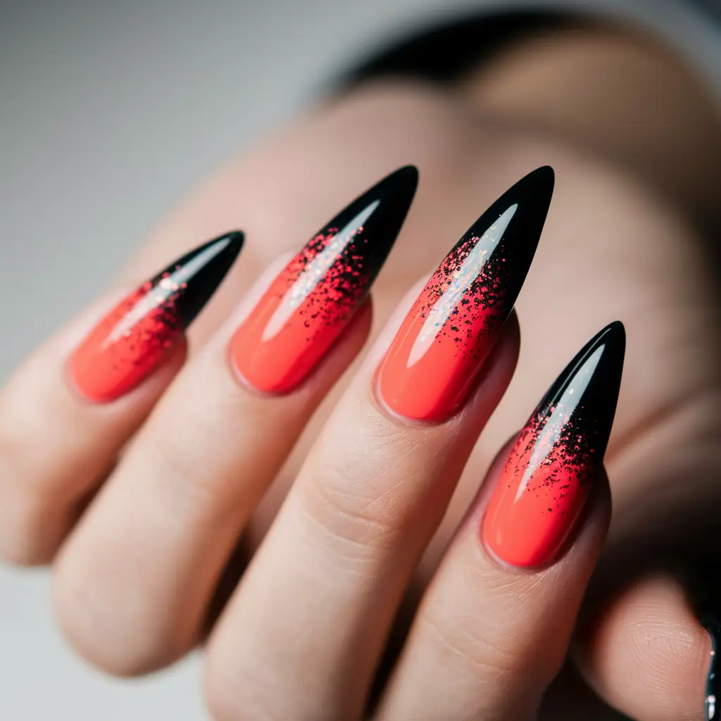 summer ombre nails ideas 2025+Electric Red and Black Ombre with Micro Glitter