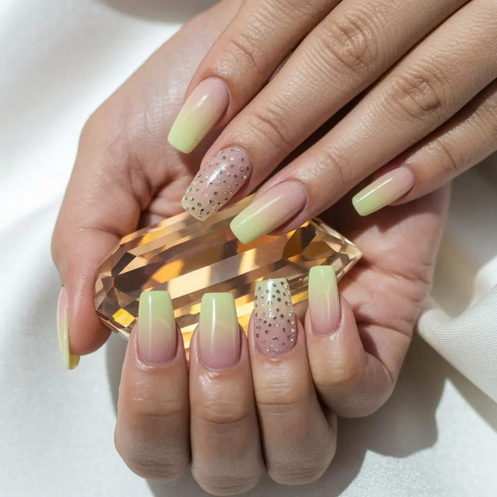 summer ombre nails ideas 2025 Lemon Sorbet Fade with a Crystal Accent Twist