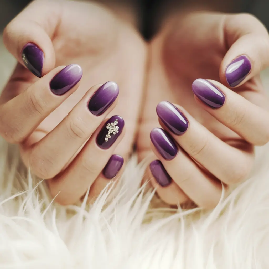 summer ombre nails ideas 2025 Royal Purple Fade with Jewel Accents
