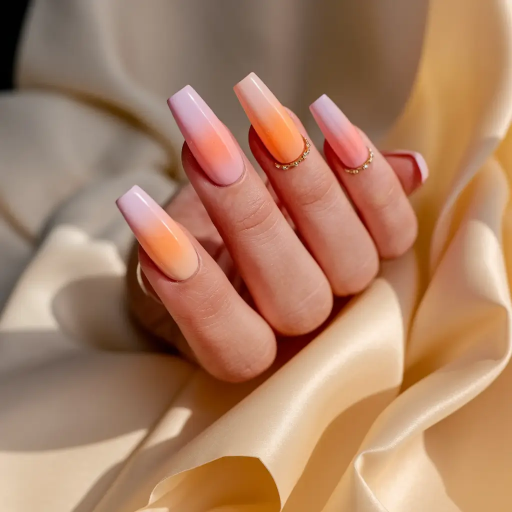 summer ombre nails ideas 2025 Peach Sunset Squares with Satin Flair