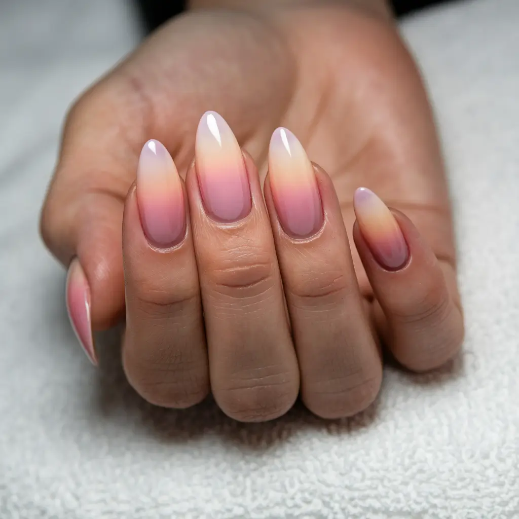 summer ombre nails ideas Glossy Pink Almond Tips with Floral Detail