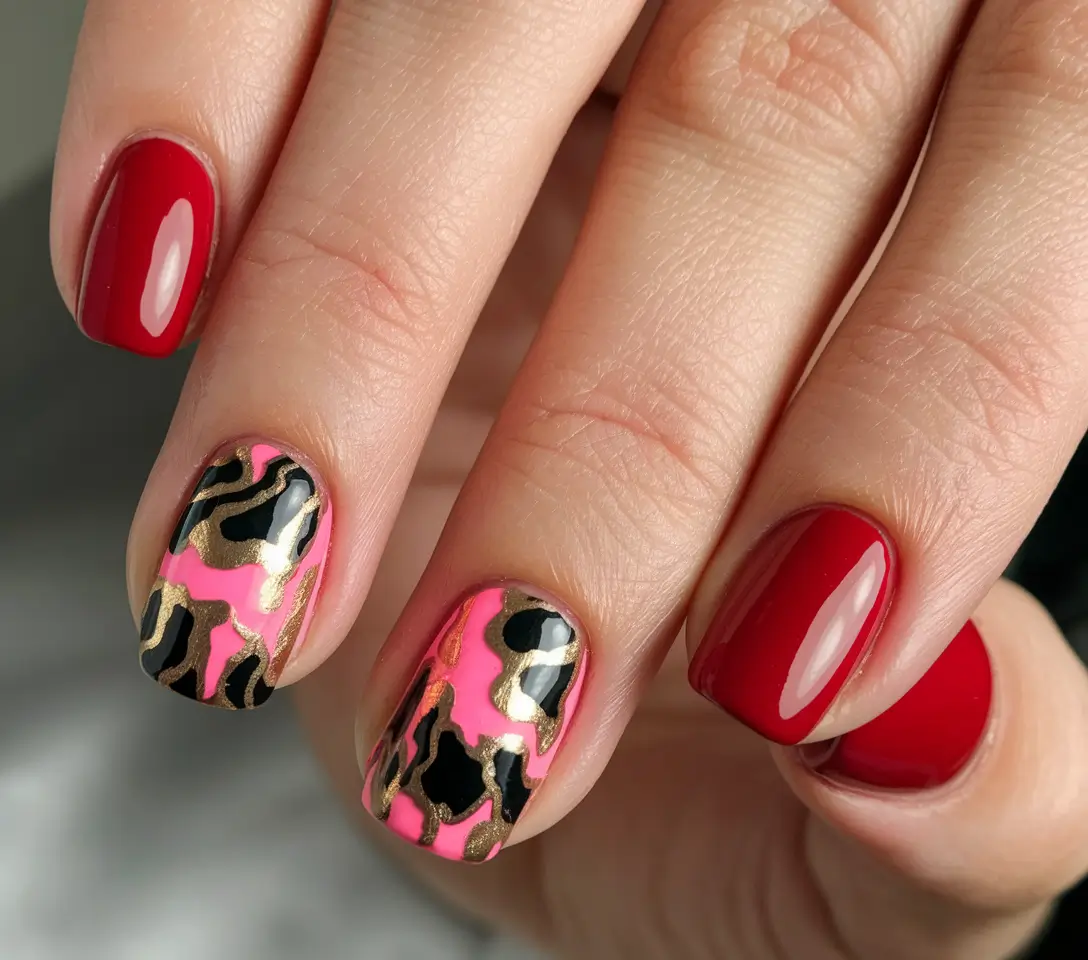 summer red nail ideas Glam Leopard Accents with Bold Red Base