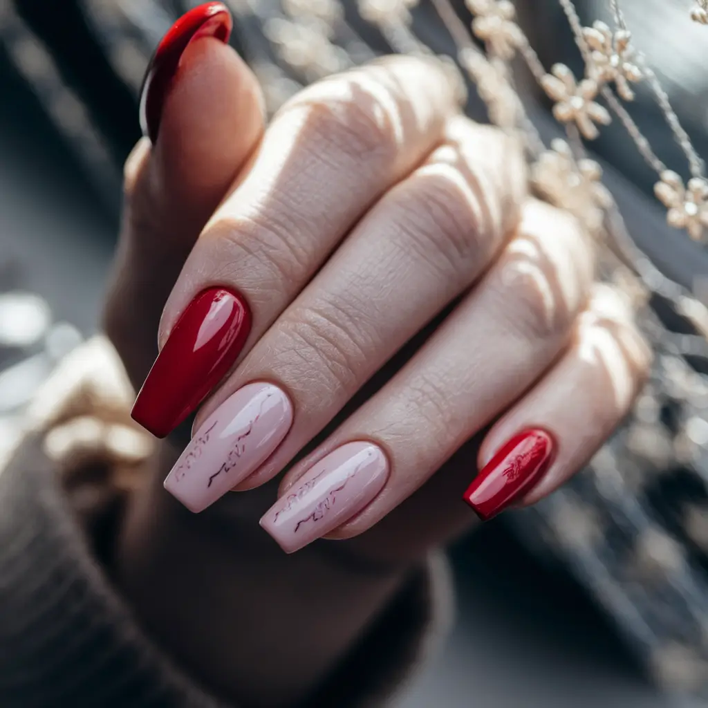 summer red nail ideas Matte Meets Glossy in Contrast Red