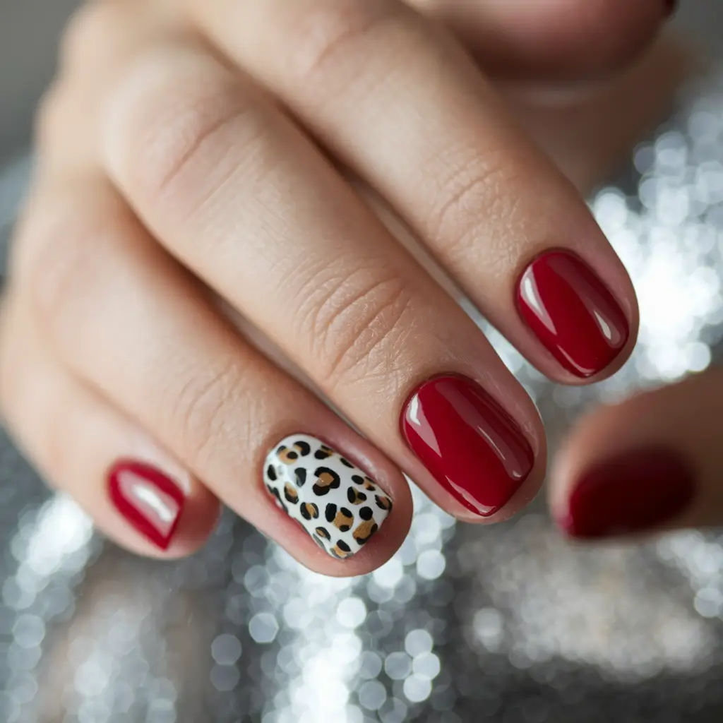 summer red nail ideas Chic Red Gloss with Fierce Leopard Accent