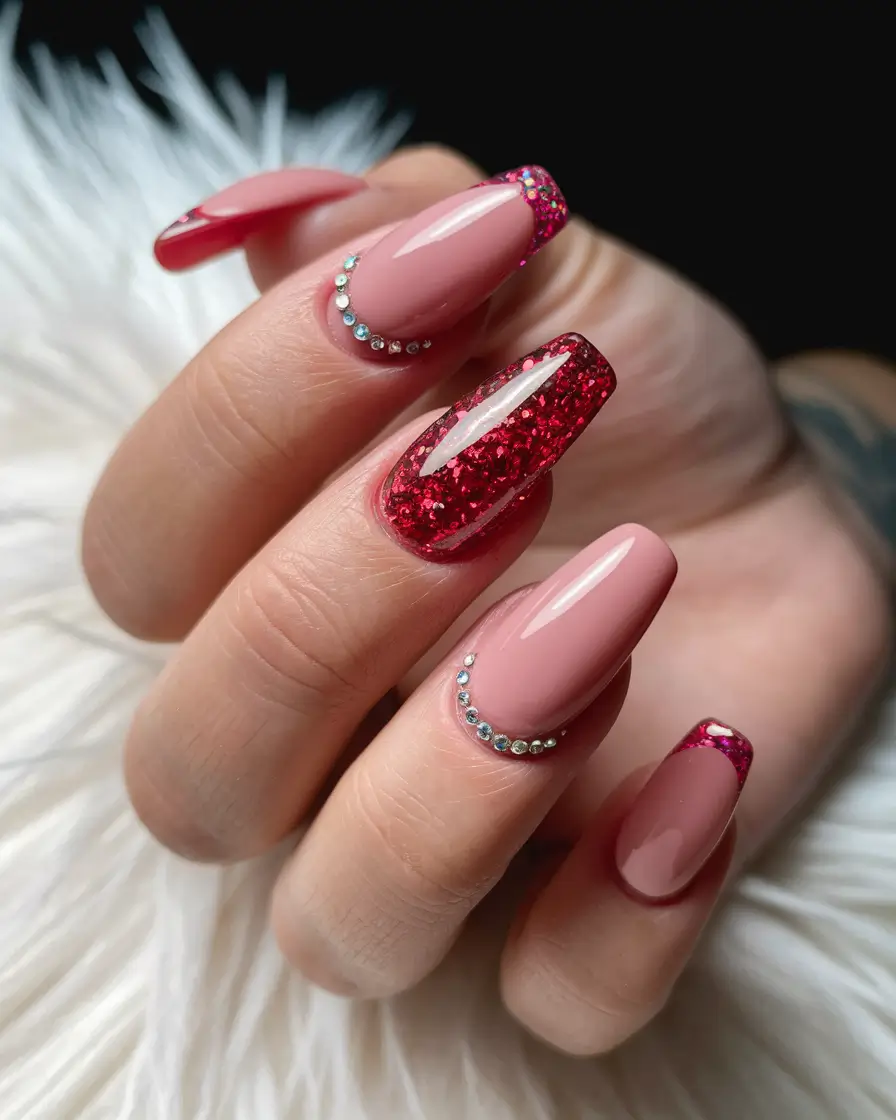 summer red nail ideas Sparkle-Studded Red French Mix