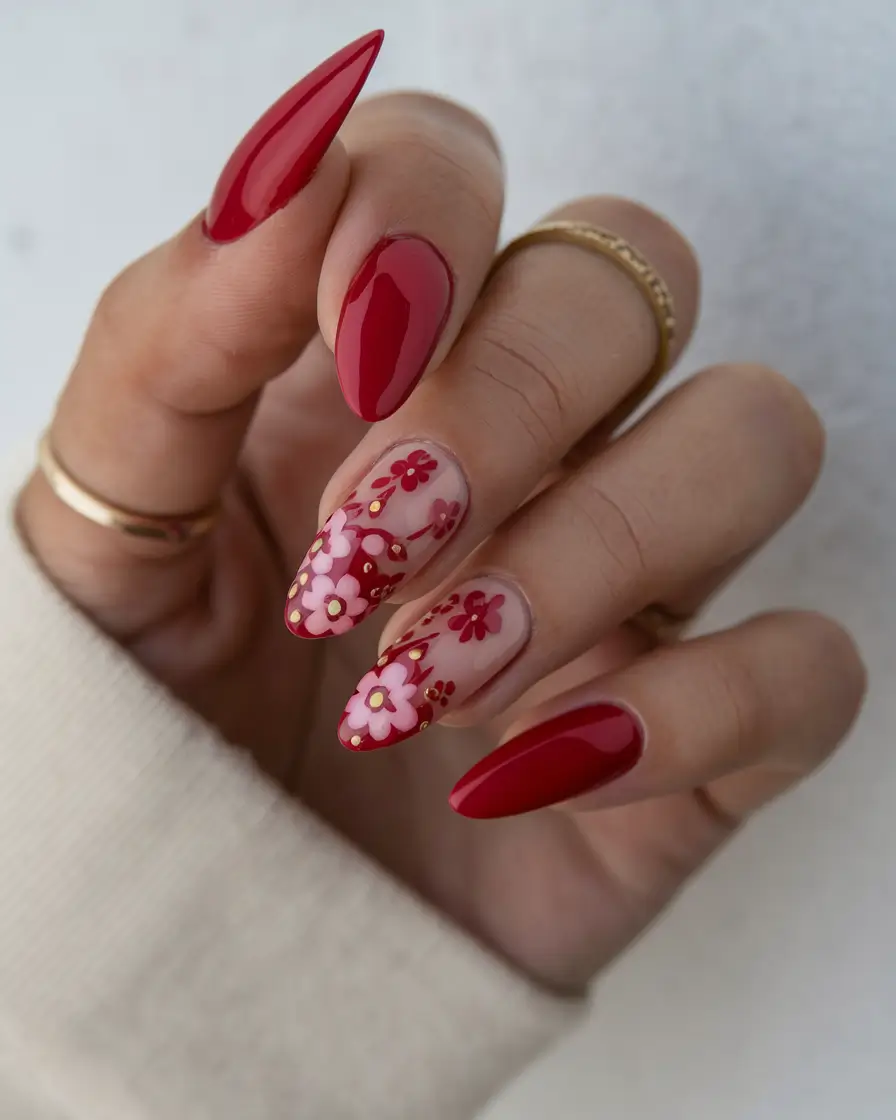 summer red nail ideas Glossy Florals with Almond Red Elegance