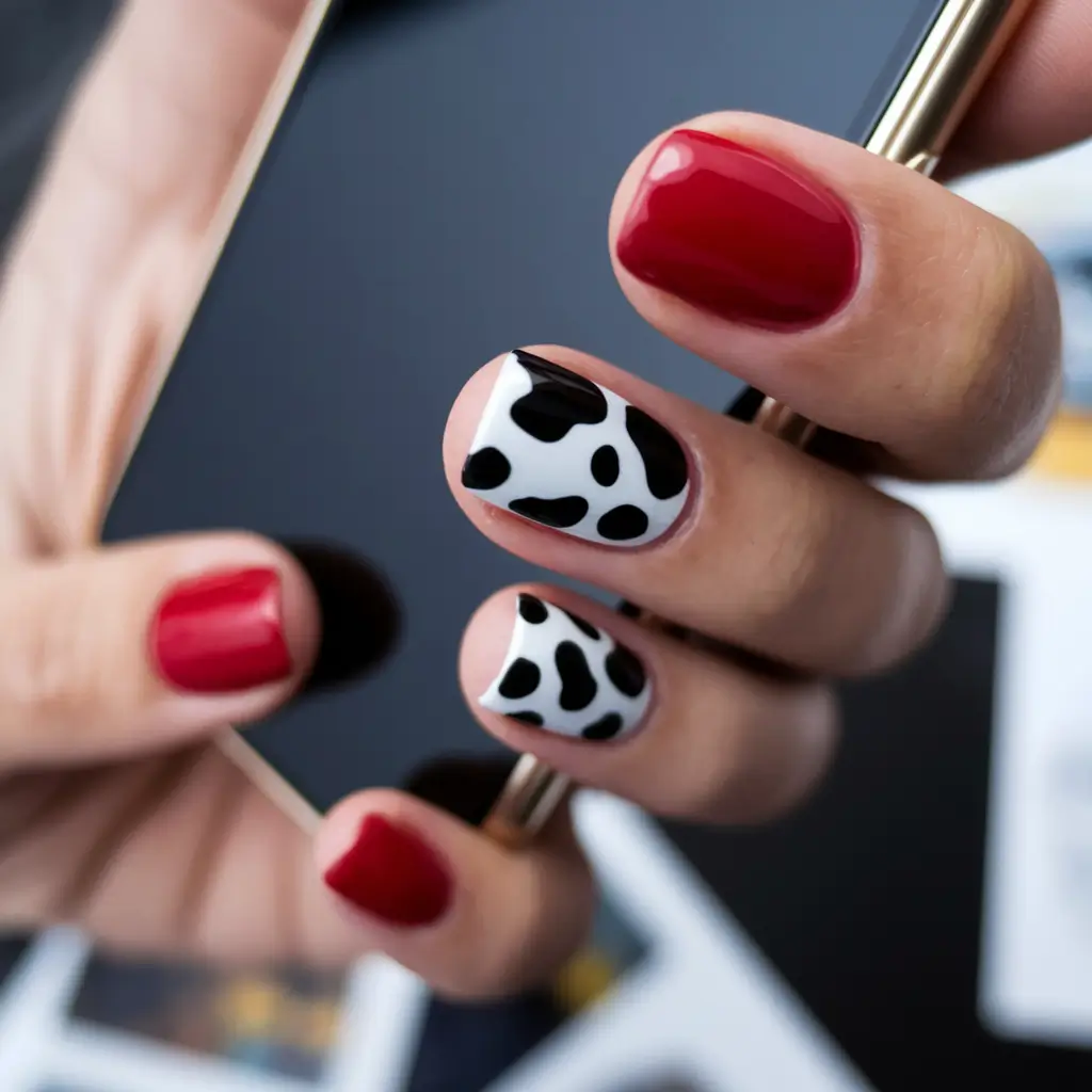 summer red nail ideas Chic Contrast: Red and Cow Print Duo