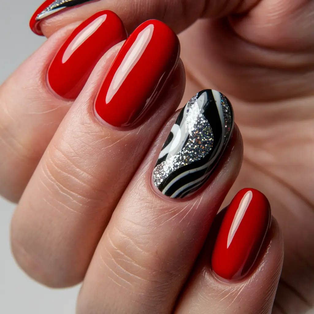 summer red nail ideas Retro Red with Glitter Swirl