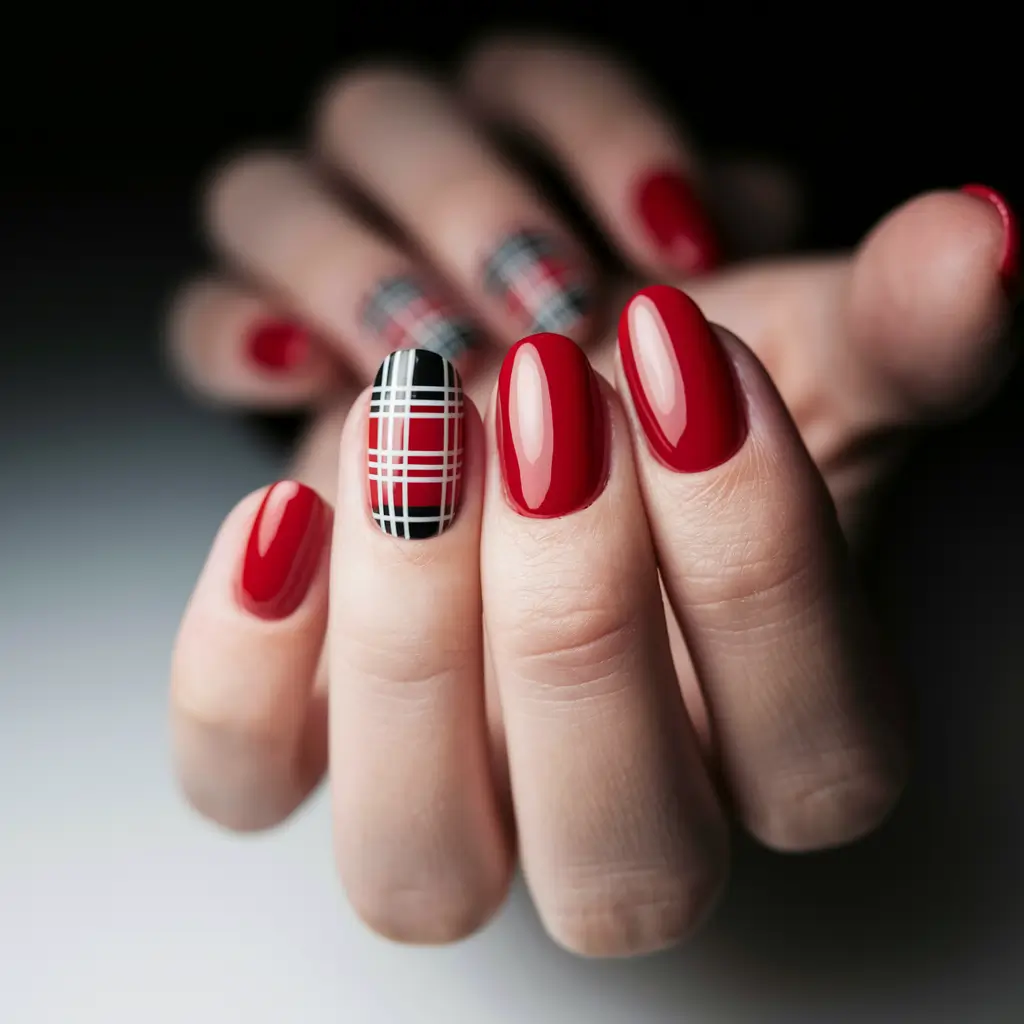 summer red nail ideas Modern Plaid Meets Fire Engine Red