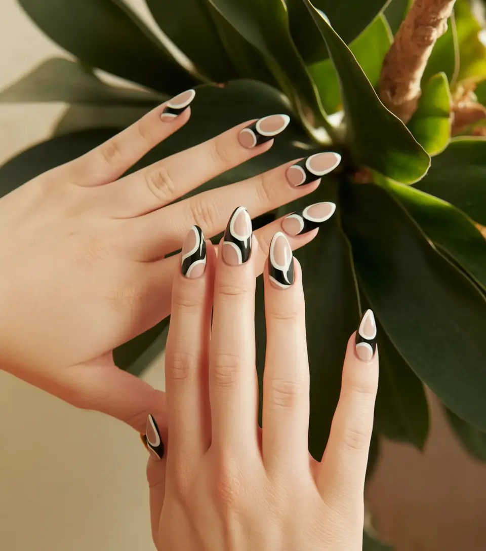 summer round nails ideas Monochrome Mood with Abstract Swirls