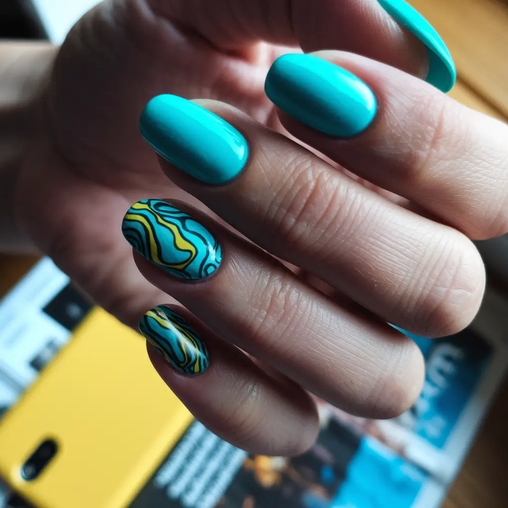 round nails ideas for summer Aqua Gloss with Swirly Topo Accents