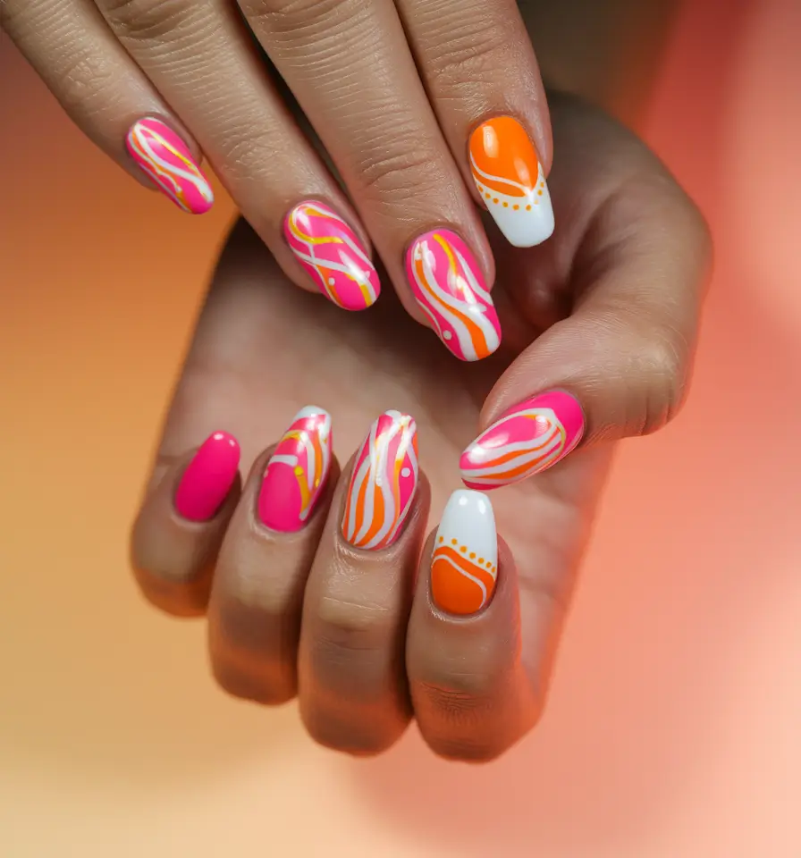 summer gel nails ideas short simple round Hot Pink, Tangerine & White Abstract Mix