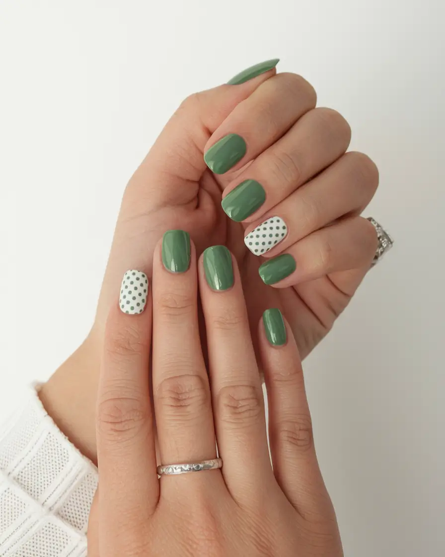 summer round nails ideas 2025 Soft Sage with a Dotted Twist