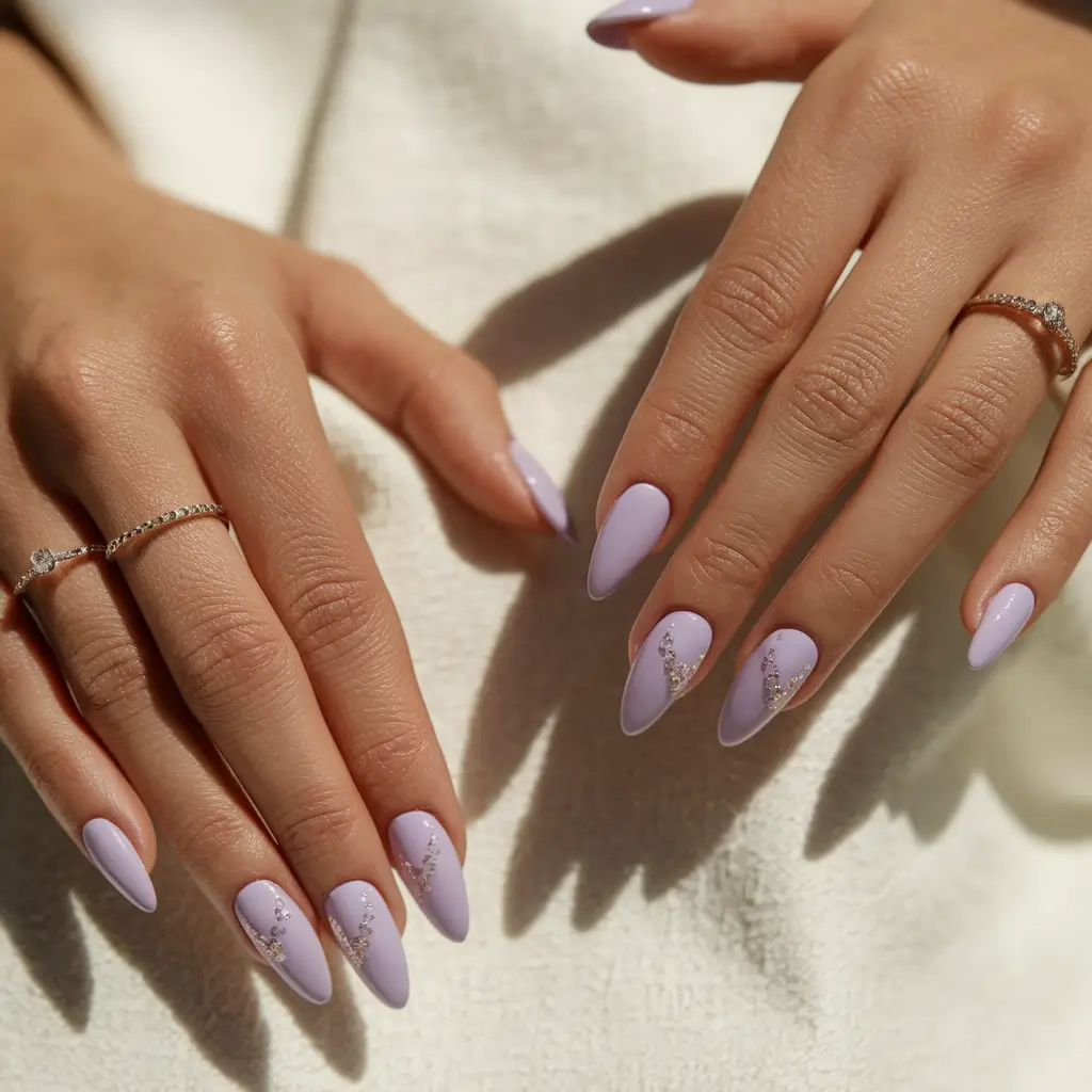 summer round nails ideas 2025 Pastel Lavender Elegance with Rhinestone Trails