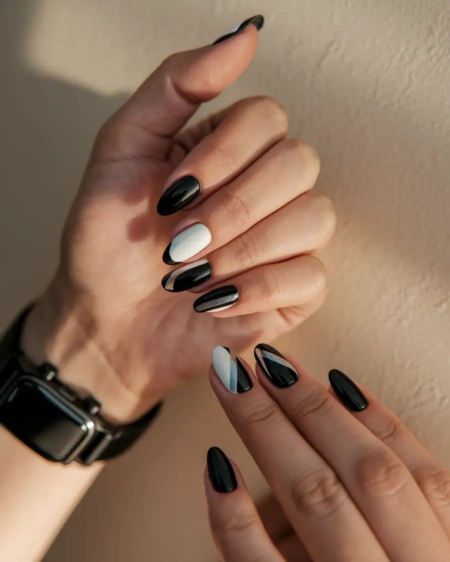 summer round nails ideas 2025 Monochrome Chic with Graphic Flair