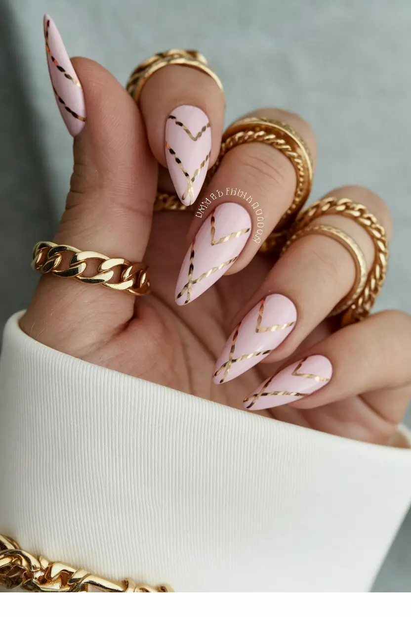 summer gel nails ideas round Glossy Lilac with Delicate Gold Chevrons