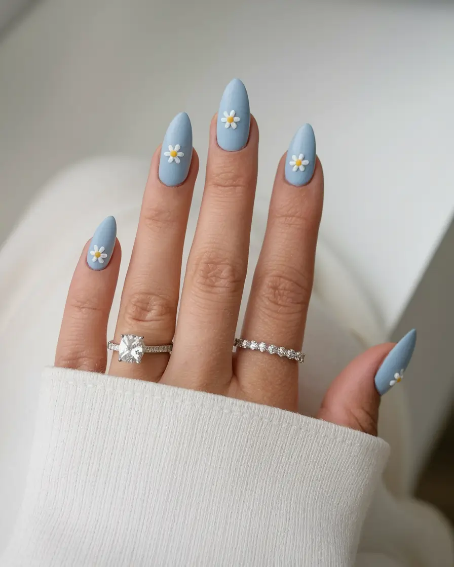 summer round nails ideas 2025 Powder Blue with Dainty Daisies