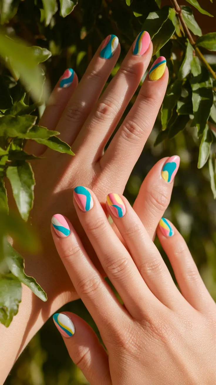 summer round nails ideas Retro Waves in Candy Pop Colors