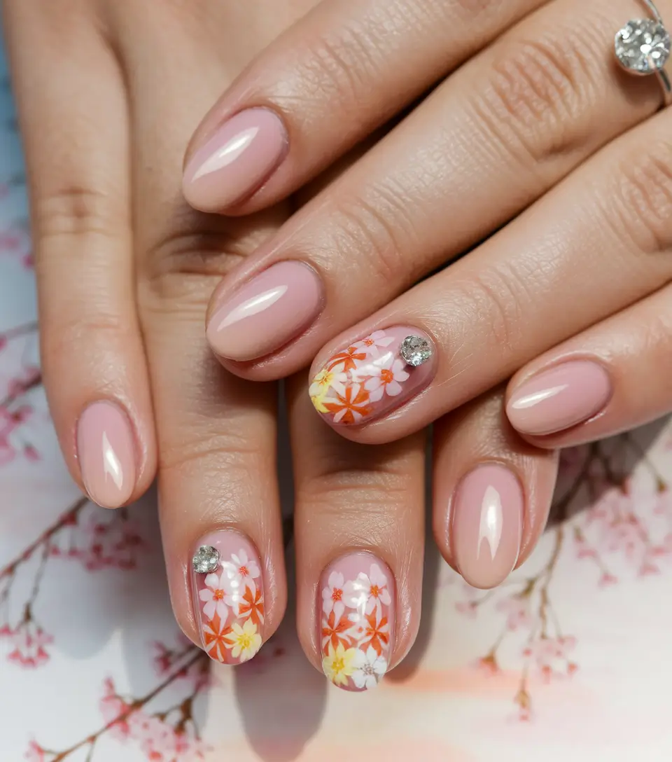 short round nails ideas summer flowers Peachy Florals with Crystal Accents