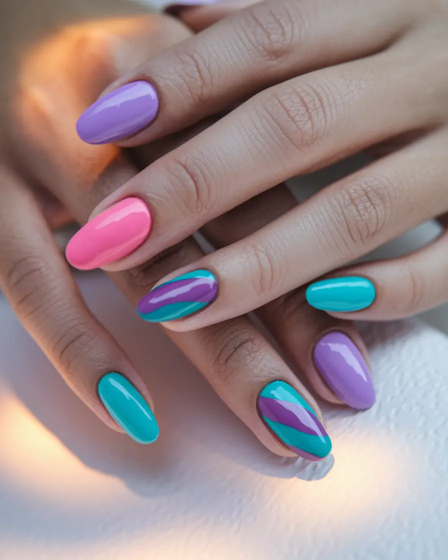 summer round nails ideas Retro Pop Colorblock Vibes