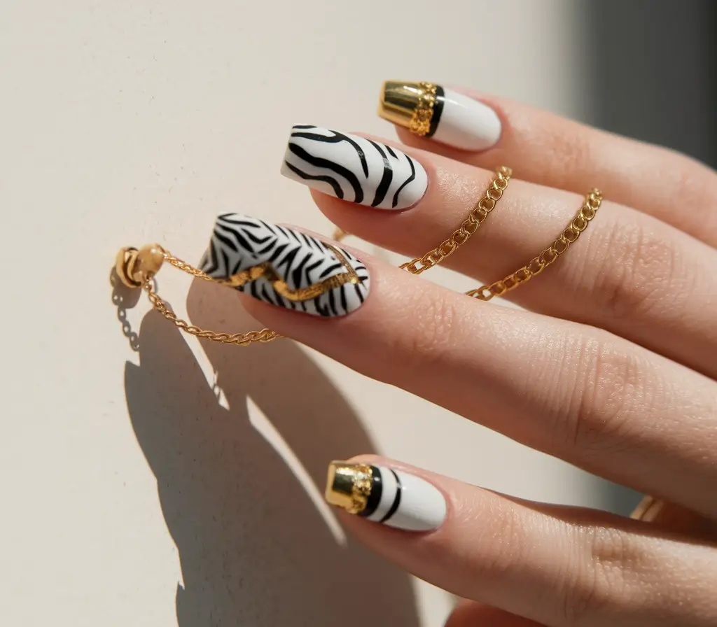 summer white nails ideas Zebra Glam with Chain Details