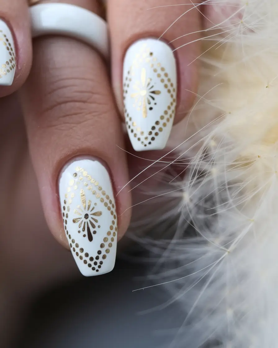 white nails design ideas summer Boho White with Intricate Gold Foil Detailing