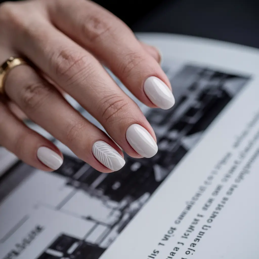 summer gel nails ideas short white Polished Simplicity with Leafy Whisper Detail