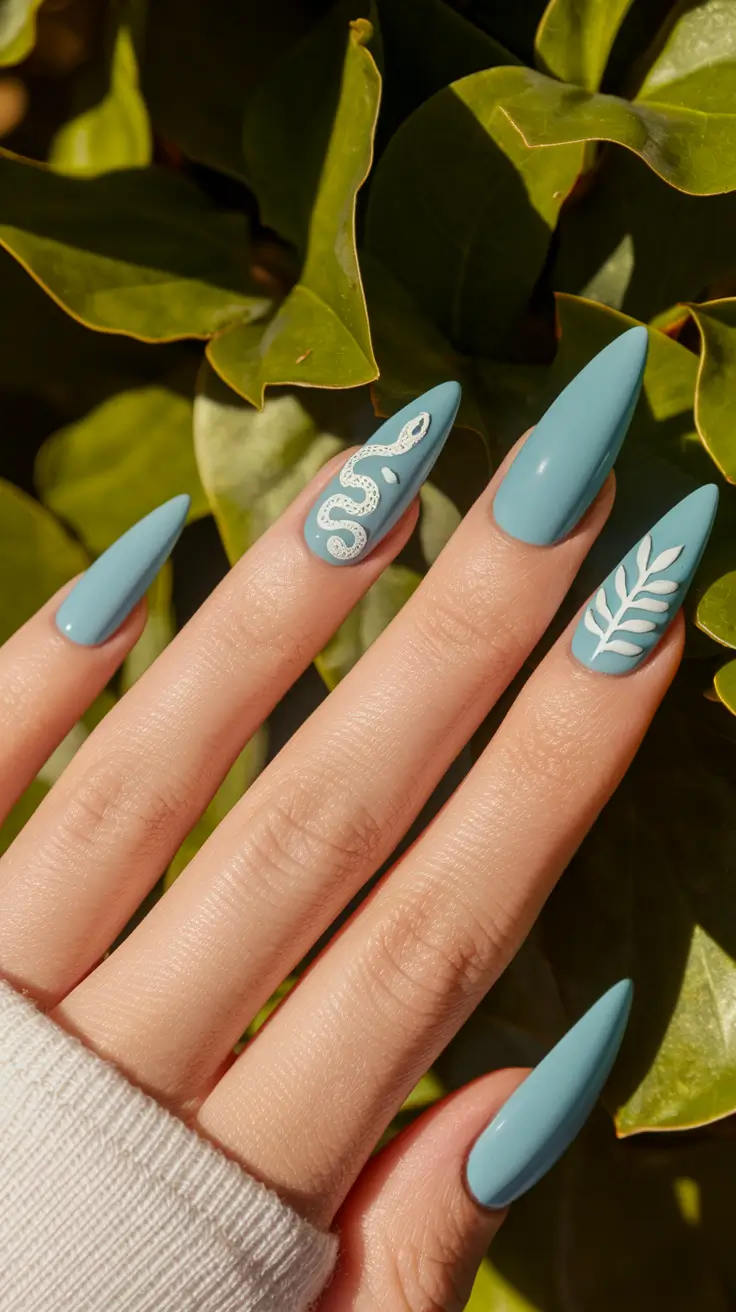 summer white nails ideas Blue Jungle with a Whisper of Danger