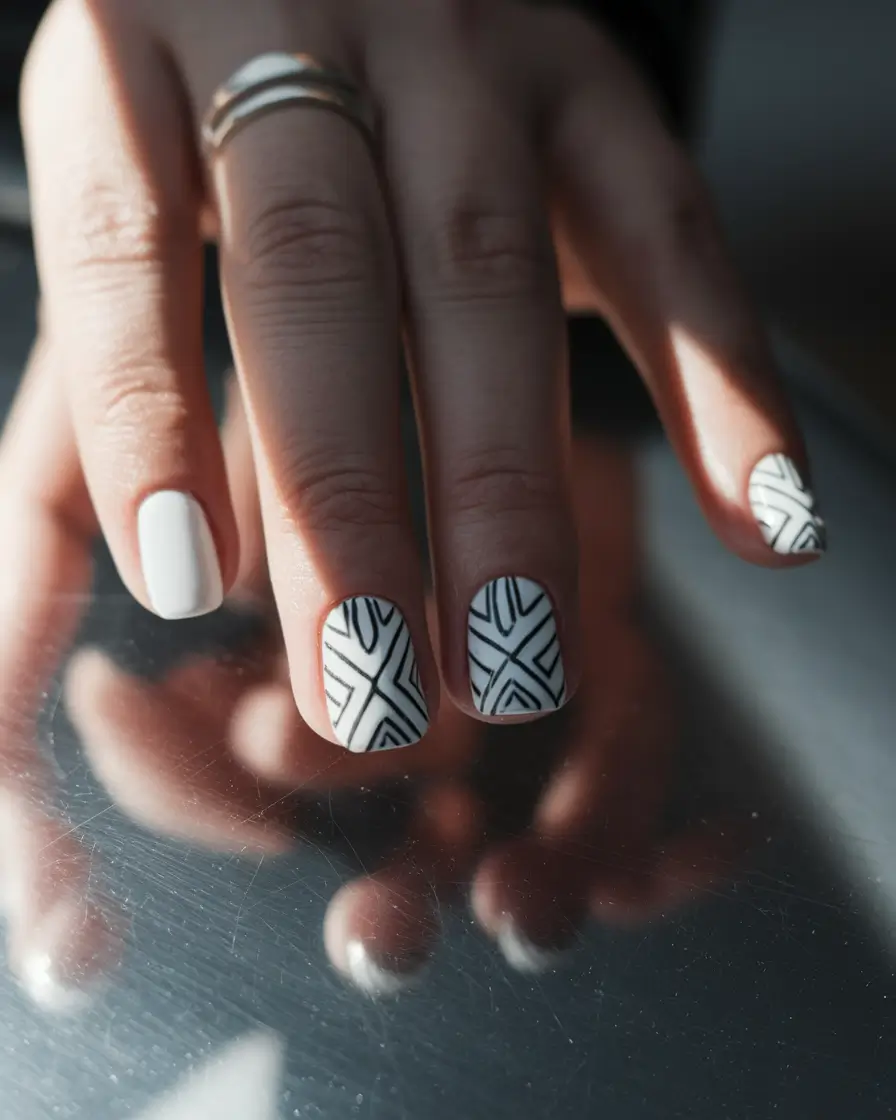 summer white nails ideas Structured Simplicity in Monochrome
