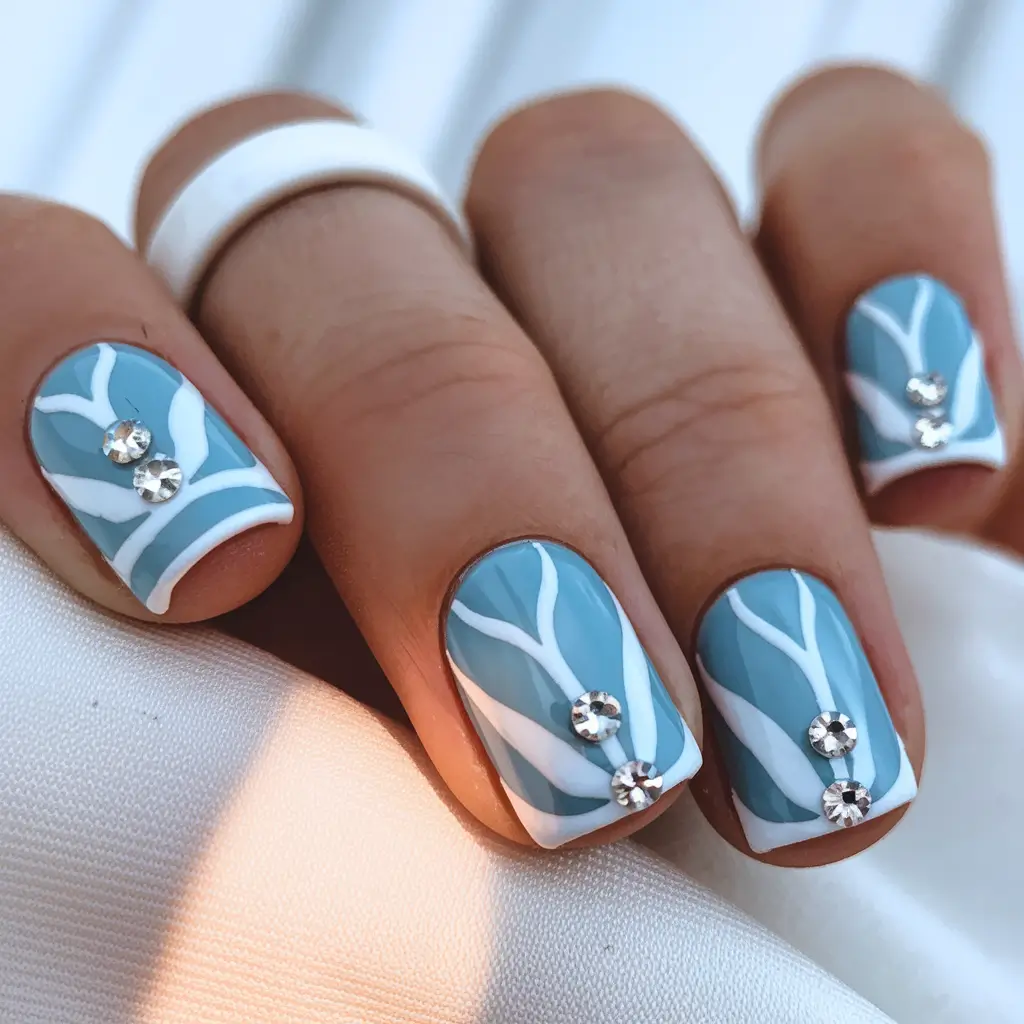 blue and white summer nails ideas Ocean-Inspired Blue and White Short Glam