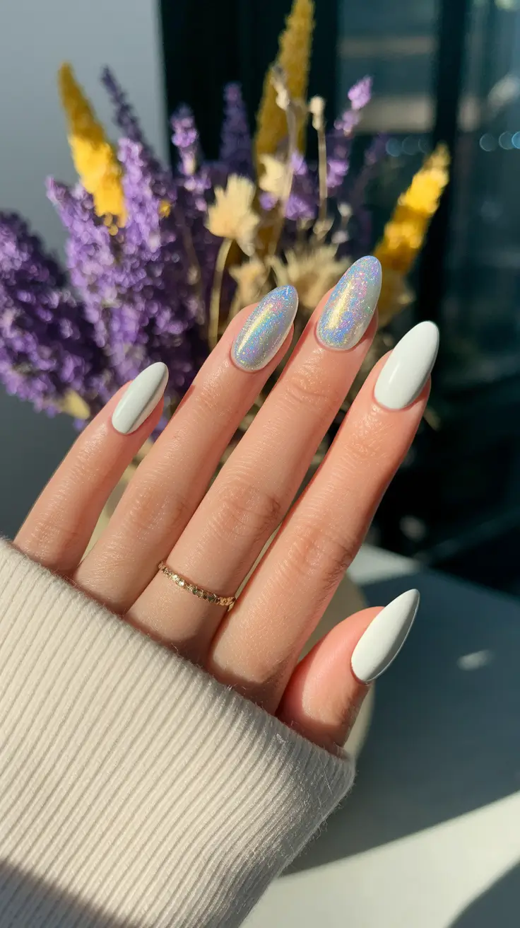 summer white nails ideas Opalescent Shimmer Meets White Minimalism