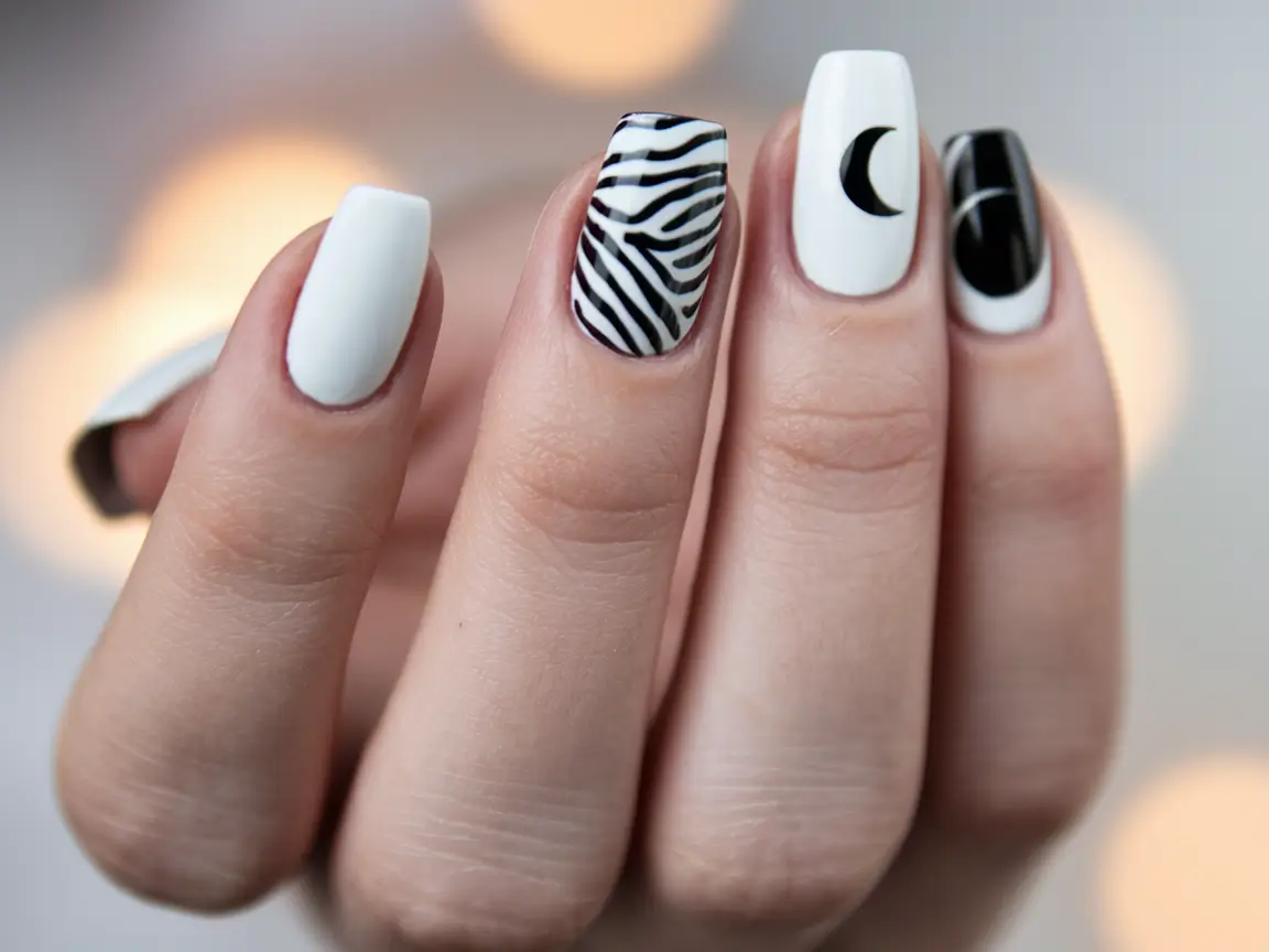 white nails design ideas summer Monochrome Contrast with Graphic Chic