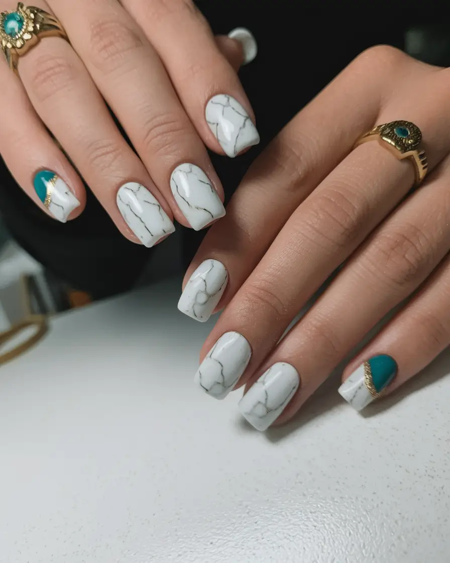 gel nails ideas summer white Marble Luxe with a Touch of Teal
