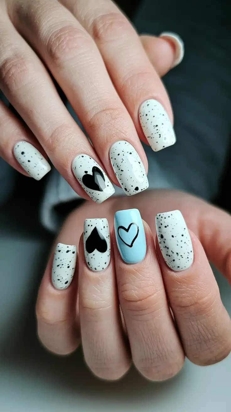 summer white nails ideas Speckled Hearts and Baby Blue