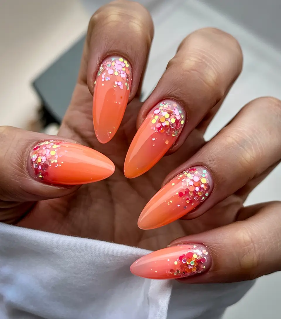 sunset gradient nails Vibrant Coral & Confetti Sunset Sparkle