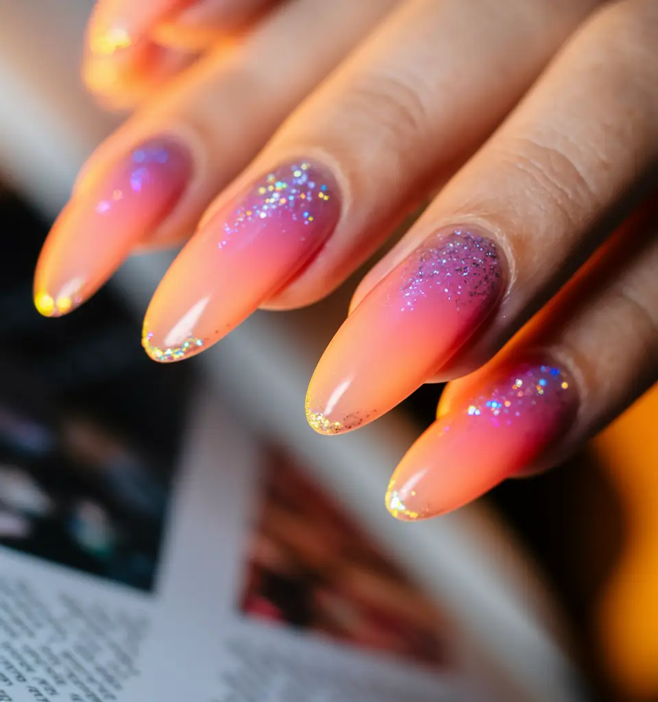 Sunset Gradient Nails to Glow in 2025 - Dreamy Glittered Tequila Sunset Nails