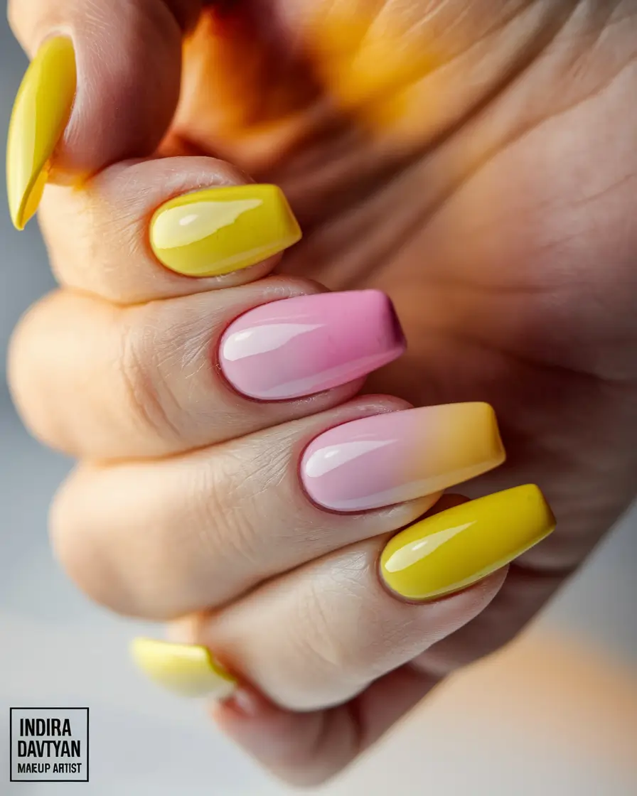 sunset gradient nails Pastel Sunrise Melt with Chrome Gloss