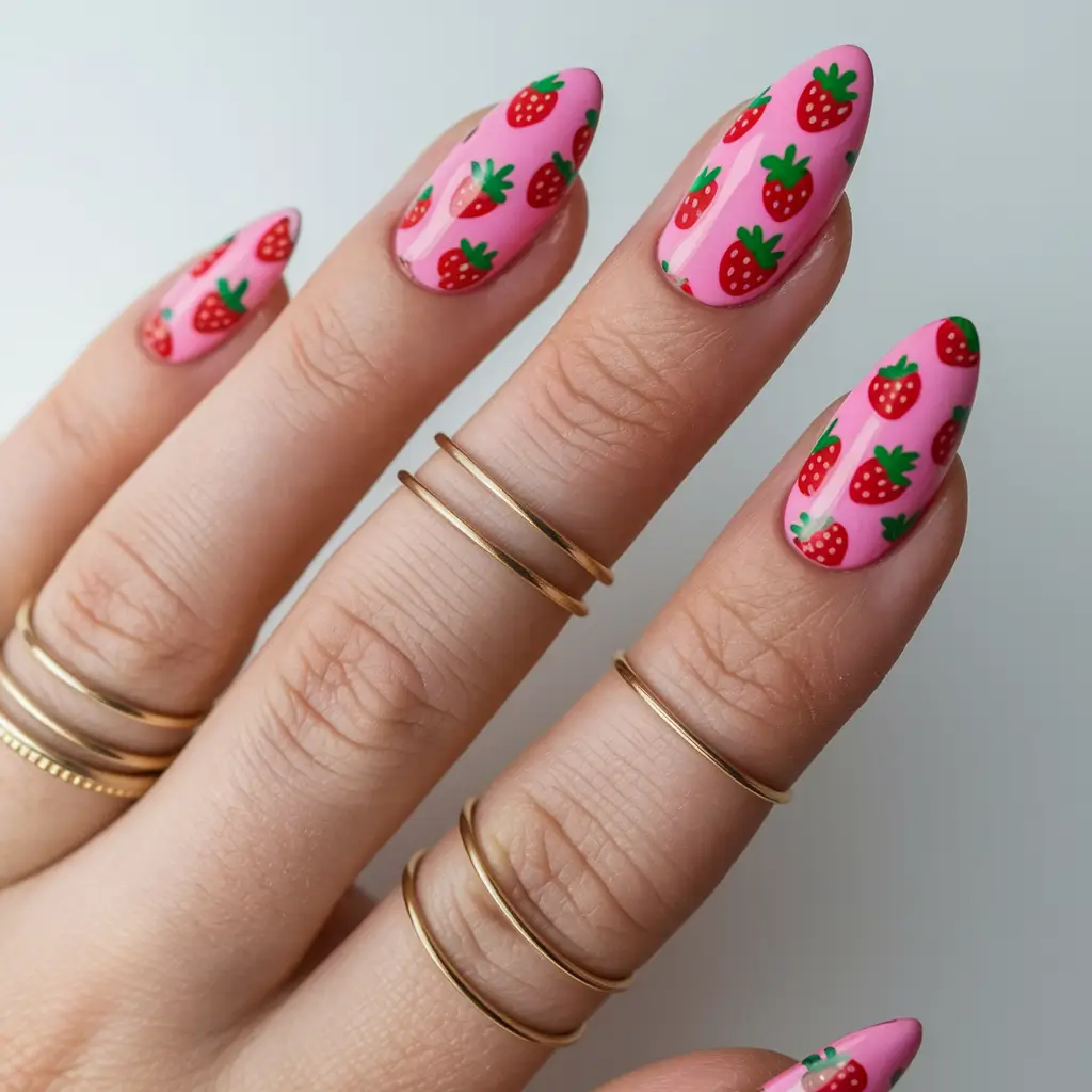 strawberry nail art design Glossy Strawberry Field with Almond Glam