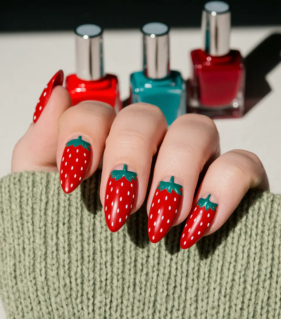 strawberry nail art design Matte Red Strawberries with a Minimal Edge
