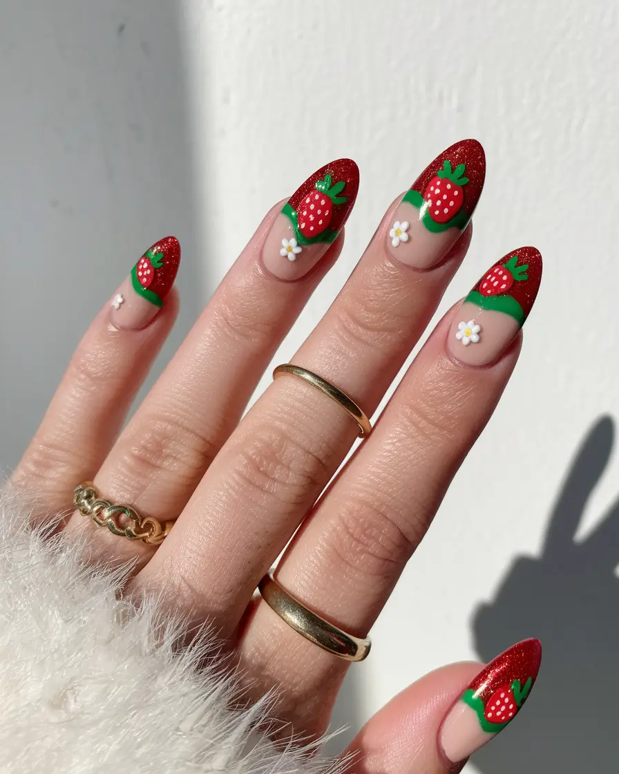 strawberry nails Red Glitz Strawberry Tips with Daisies