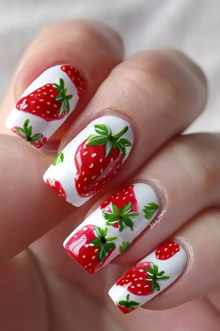 strawberry nails High-Gloss Strawberry Fantasy on White