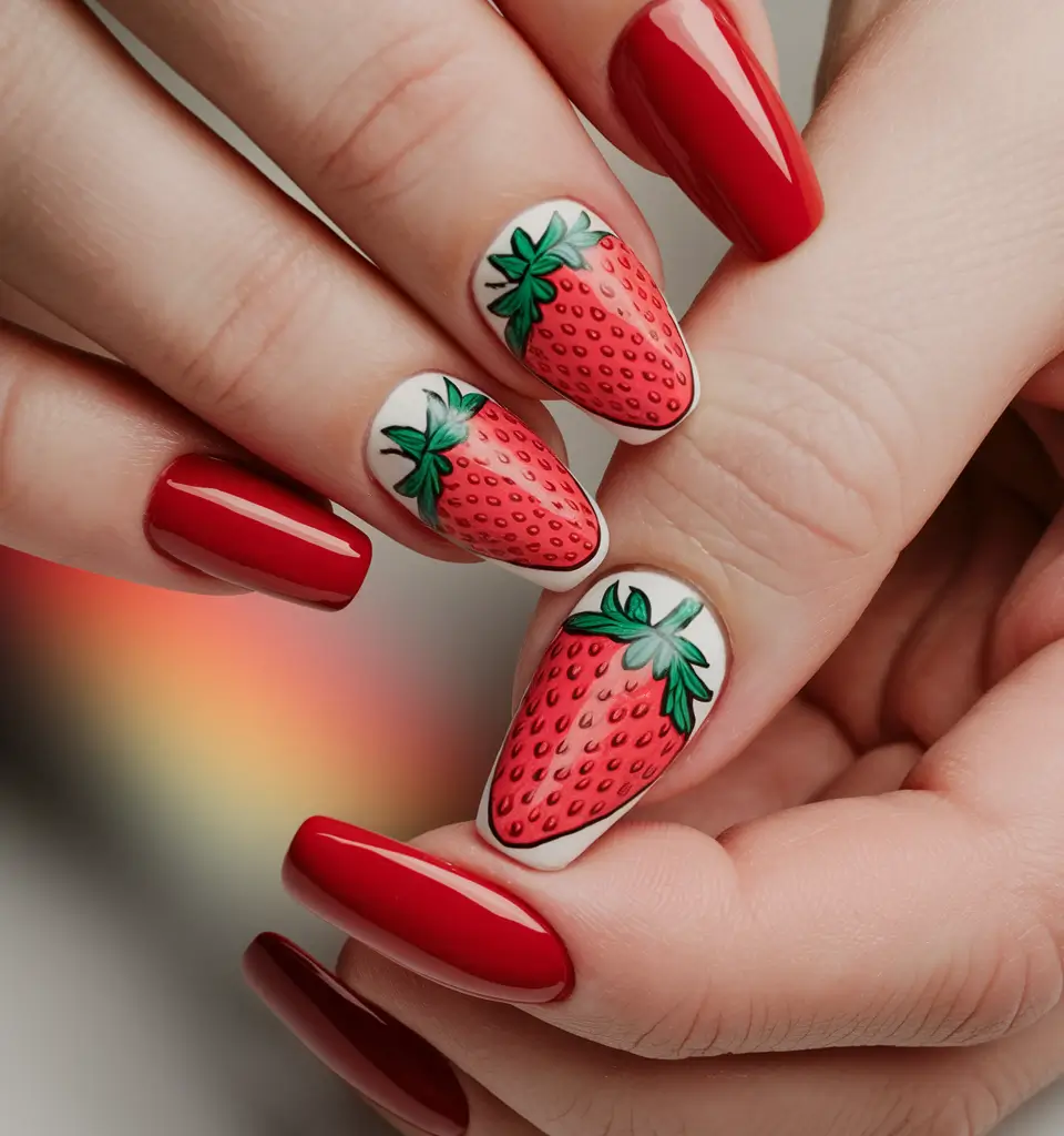 strawberry nails Hyper-Realistic Strawberry Pop Art
